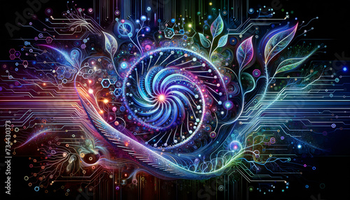 Abstract representation of variational autoencoders merging technology and natural patterns