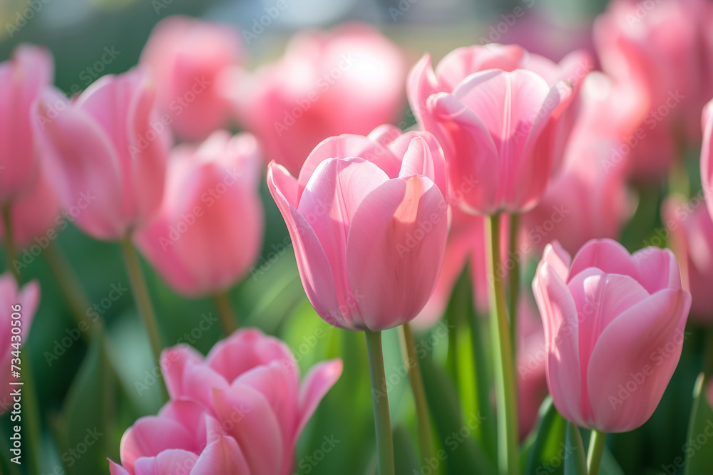 Spring tulips of the same color. Background with selective focus and copy space