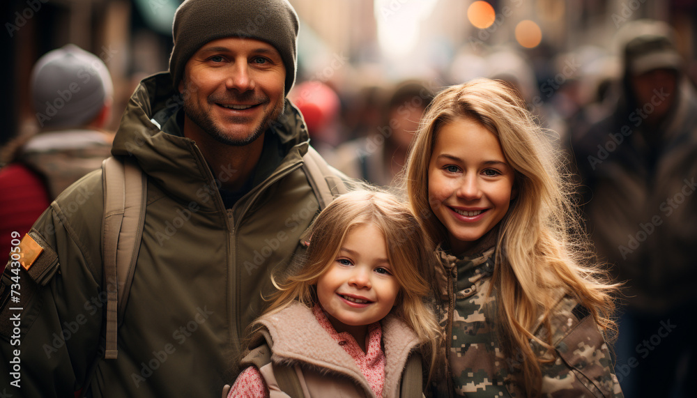 Smiling family embraces winter, walking in nature, enjoying vacations generated by AI