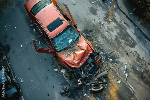 A red car lay broken on the wet ground, while a motorcycle sat abandoned nearby, after a violent collision on the desolate street
