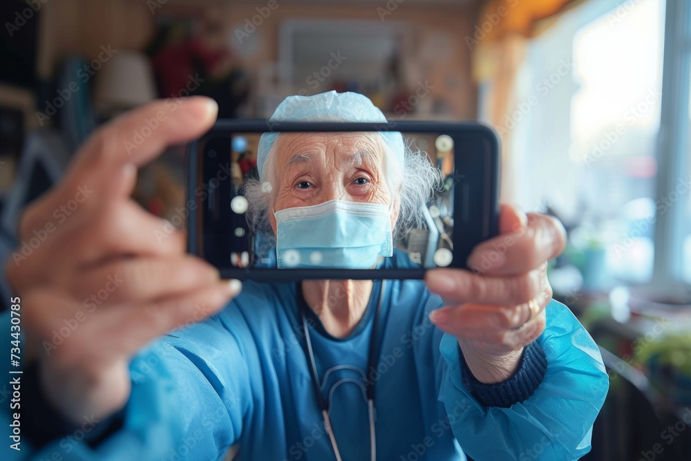 A stylish woman captures a moment of self-love, dressed in fashionable attire as she gazes into the mirror, holding her phone to capture the perfect selfie