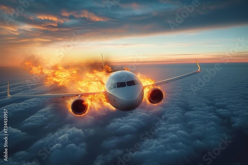 A majestic airliner battles through the fiery sky, defying the clouds and soaring towards the sunset in a daring display of aerospace engineering