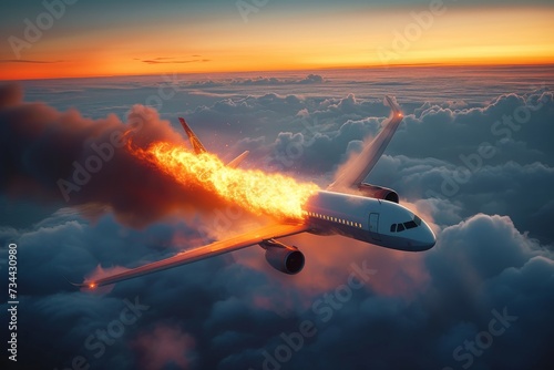 A fiery airliner soars through the sky, defying the peaceful clouds and embodying the power and innovation of aerospace engineering