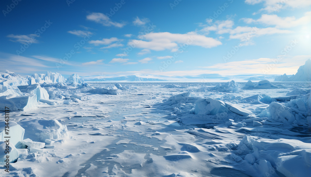 Frozen arctic landscape, majestic mountain peak, tranquil reflection on water generated by AI