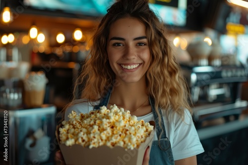 A woman sells popcorn. Background with selective focus and copy space