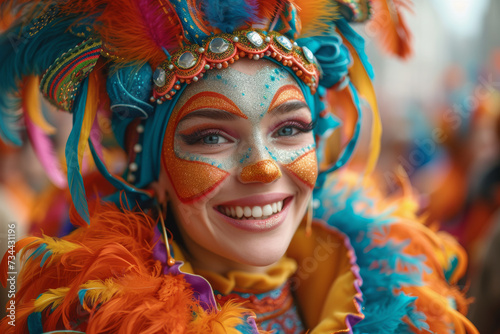 A lively street carnival with participants dressed in vivid costumes, embodying the spirit of celebration and festivity. Concept of a colorful street party. Generative Ai.