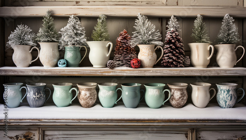 Wooden shelf with old fashioned pottery vase and ceramic mug generated by AI