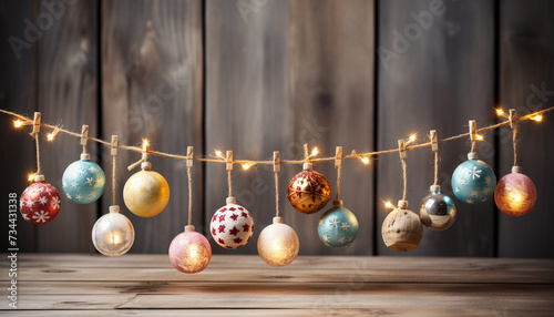 Christmas celebration wood decor, winter background, shiny ornaments, illuminated tree generated by AI