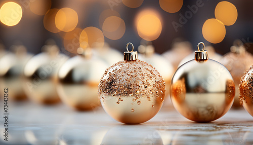 Shiny gold ornament illuminates Christmas celebration, glowing with vibrant elegance generated by AI