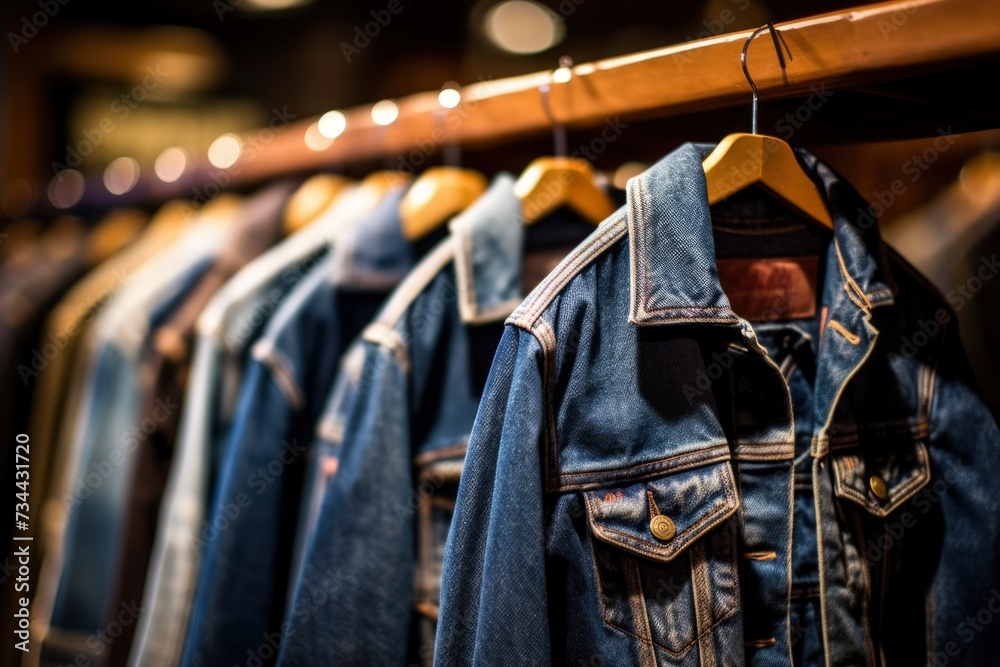 Denim jackets hanging on the rack in a clothing store