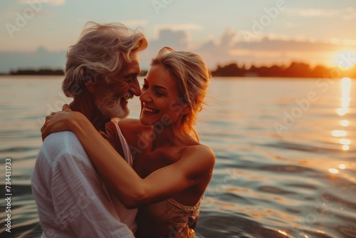 A blissful couple shares a passionate embrace while standing waist-deep in crystal clear water, the warm hues of the setting sun painting the sky above them as they bask in the love and joy of their  © LifeMedia