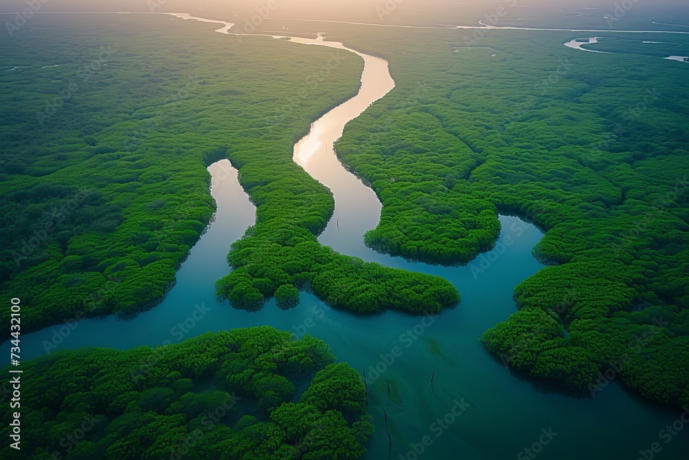 A majestic river flows through a lush forest, its winding path capturing the eye with its intricate water resources and stunning aerial views of the surrounding landscape, including an estuary, oxbow