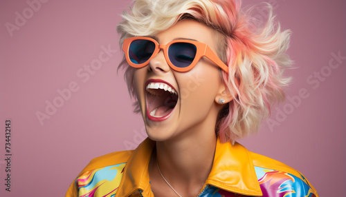 Young woman with blond hair and sunglasses, smiling and joyful generated by AI