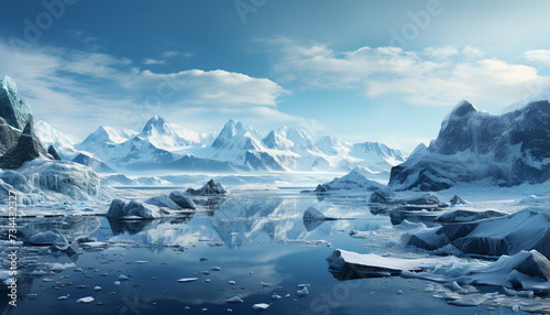 Majestic mountain range reflects tranquil blue sky in frozen landscape generated by AI © Gstudio