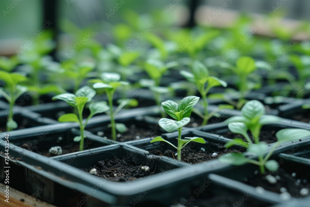 Seedlings in a greenhouse. Backdrop with selective focus and copy space Seedlings in a greenhouse. Backdrop with selective focus and copy space