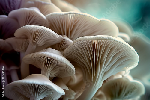 Mycelium with mushrooms, bottom view. Backdrop with selective focus and copy space © Space Priest