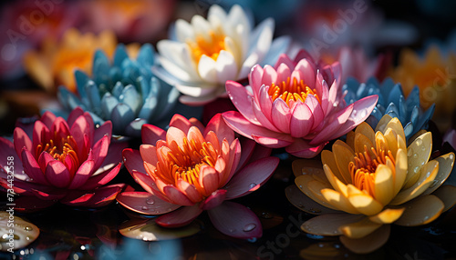 A vibrant lotus flower blossoms, symbolizing beauty and tranquility generated by AI