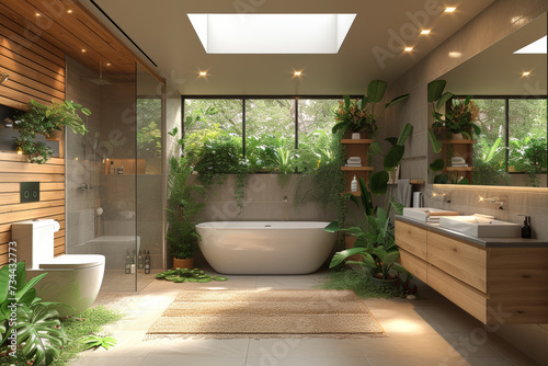 A sustainable bathroom featuring low-flow water fixtures and water-recycling technologies, reducing overall water consumption. Concept of water-efficient hygiene. Generative Ai. photo