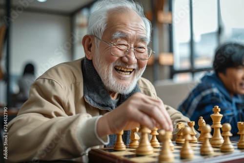 A focused man engages in a strategic battle of wits, his smile reflecting his cunning moves on the checkered board before him