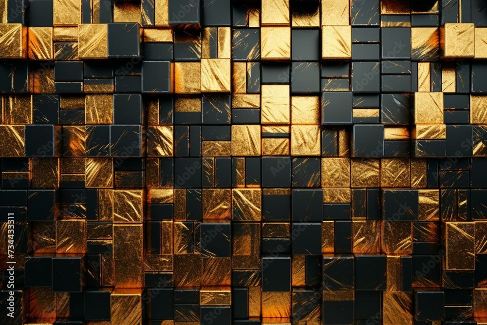Elaborate wall mosaic made of gold blocks in arabesque pattern, creating a glossy and luxurious 3D background. Generative AI - obrazy, fototapety, plakaty 