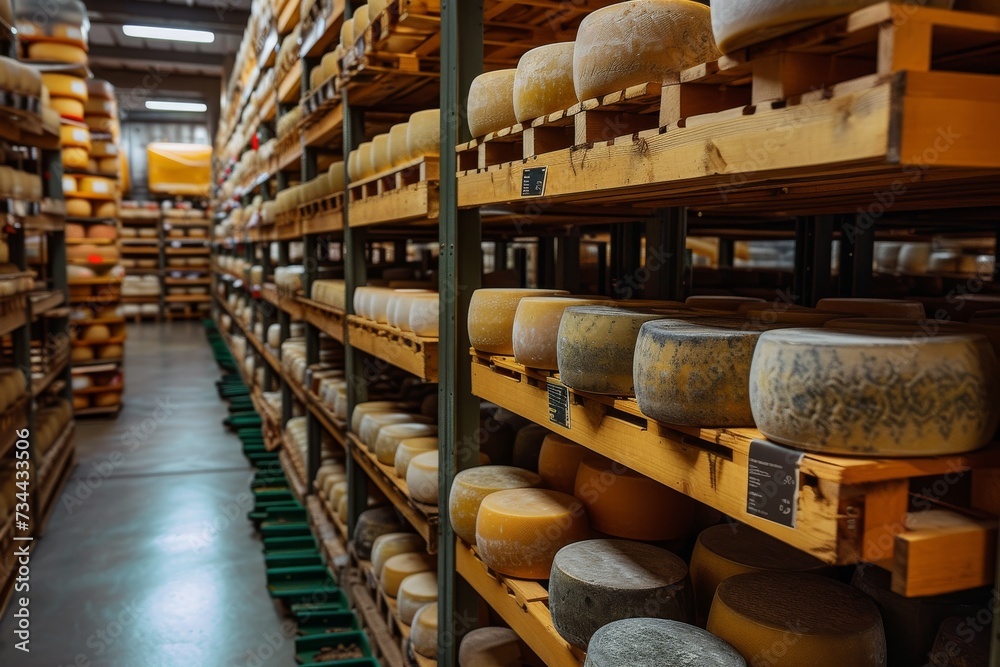 A bustling indoor store displays a plethora of delicious cheese varieties, stacked neatly on large shelves in a warehouse-like setting A bustling indoor store displays a plethora of delicious cheese varieties, stacked neatly on large shelves in a warehouse-like setting