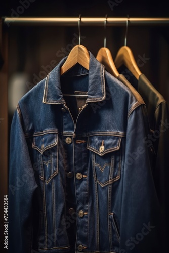 Denim jackets hanging on the rack in a clothing store