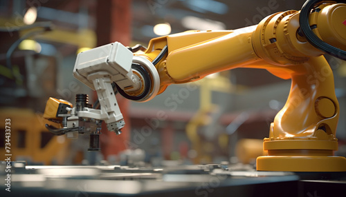 Robotic arm working in automated factory, manufacturing steel machinery generated by AI