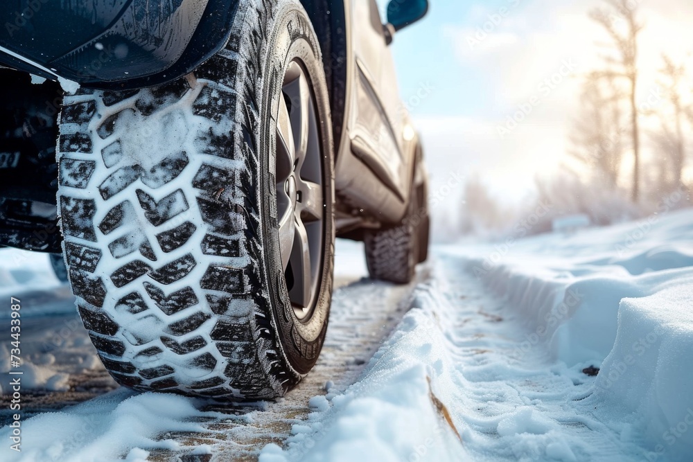 Amidst a wintry landscape, a parked car stands tall with its metalware tire chain glistening against the snowy ground, its tread ready to conquer the road ahead