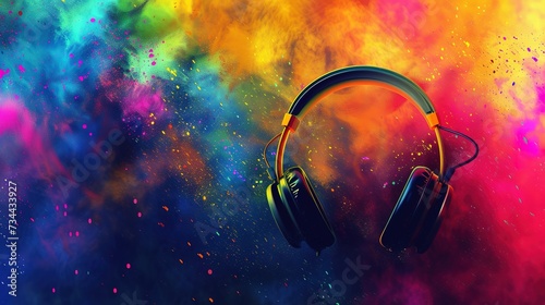 World music day banner with headset headphones on abstract colorful dust background. Music day event and musical instruments colorful design photo