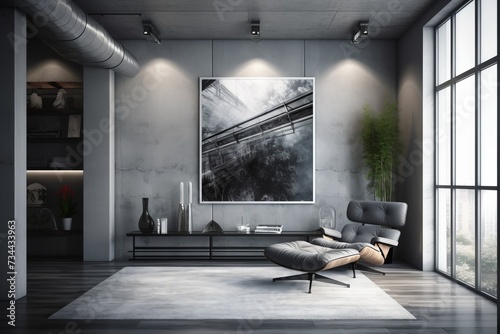 Nowoczesne wnętrze salonu prawdziwego domu, ogromny obraz, nowoczesne wnętrze z dużym obrazem akrylowym na ścianie Generative AI photo