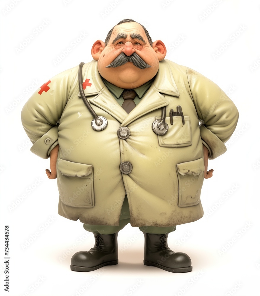 A chubby medicine doctor, made of dirty plasticine, AI-generated illustration