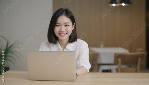 Young Asian girl using laptop, desktop, computer © Gia