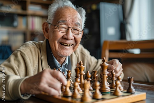 An aged gentleman engages in a strategic battle of wits on a wooden chessboard, his weathered face reflecting the intensity of the timeless tabletop game as he deftly moves his chessmen while donning
