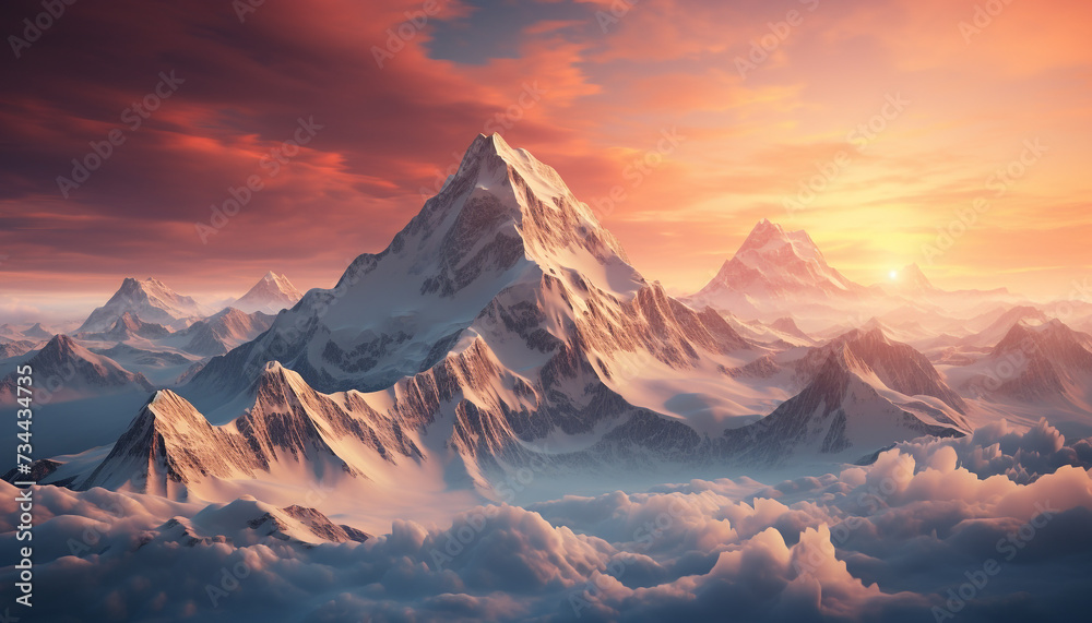 Majestic mountain peak reflects sunset, nature beauty in panoramic view generated by AI