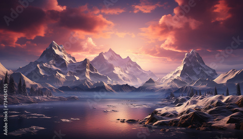 Majestic mountain peak reflects tranquil sunset on icy water generated by AI