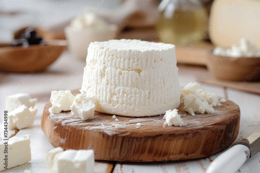An array of creamy cheeses, from tangy limburger to rich parmigianoreggiano, sit upon a rustic wooden board, ready to be savored with buttery crackers and fruity jams for a delectable indoor indulgen
