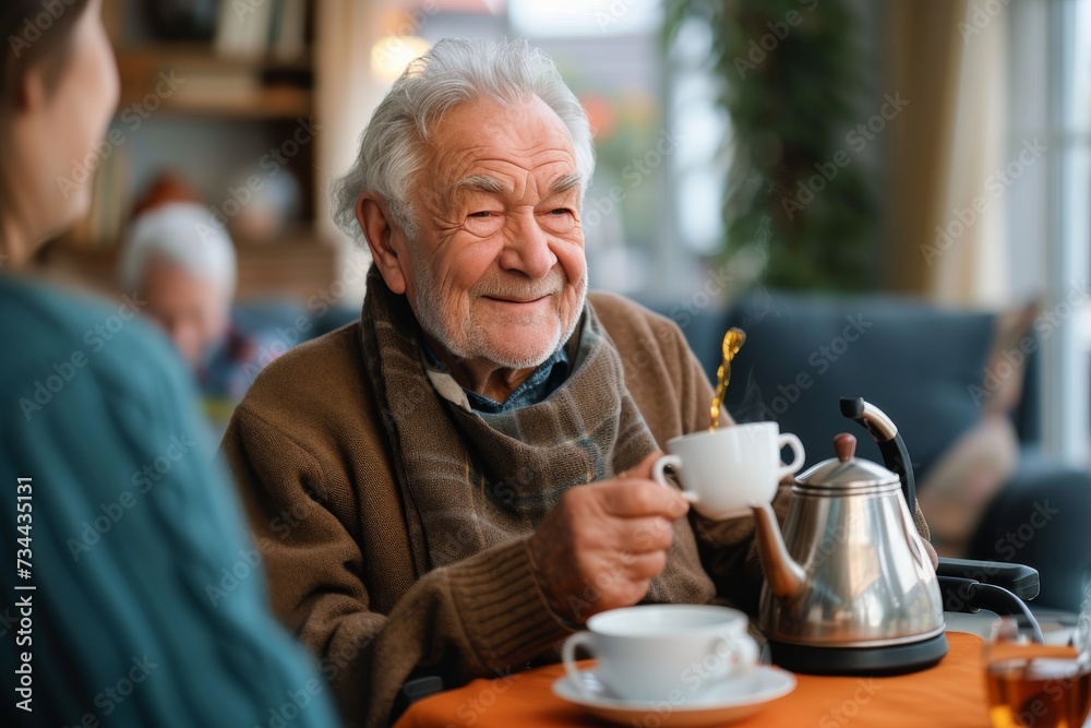 A wise senior gentleman savors his hot cup of tea, surrounded by the comforting familiarity of his tableware, creating a moment of peaceful contemplation A wise senior gentleman savors his hot cup of tea, surrounded by the comforting familiarity of his tableware, creating a moment of peaceful contemplation