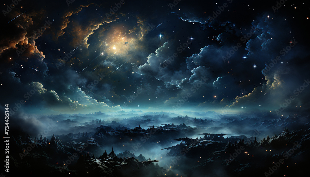 Mysterious night sky galaxy, nebula, star trail, moonlight, spooky beauty generated by AI