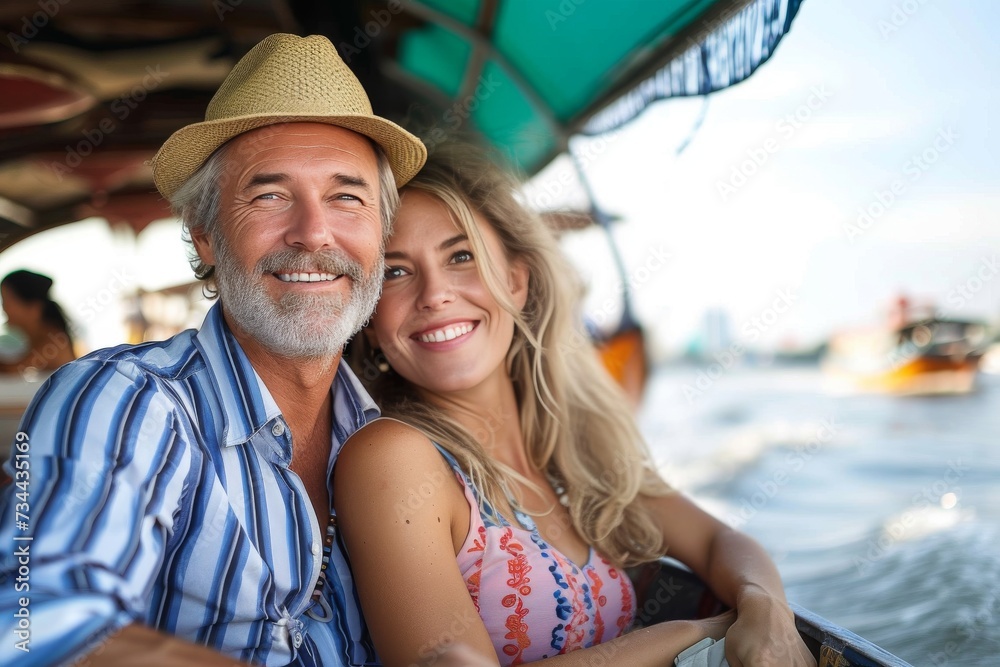 A couple's summer adventure on a sailboat brings smiles and fashion accessories under the warm sun, creating a picture-perfect vacation on the open water