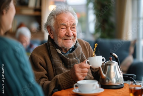 A wise senior gentleman savors his hot cup of tea, surrounded by the comforting familiarity of his tableware, creating a moment of peaceful contemplation
