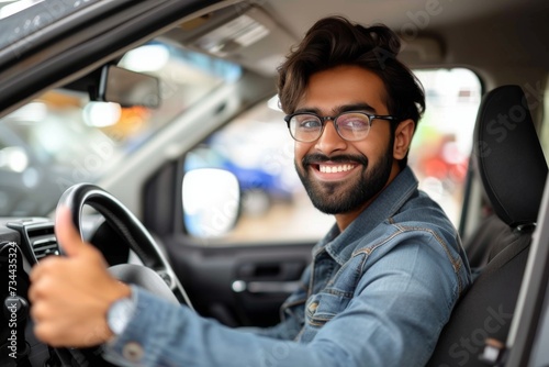 A man smiles behind the wheel of his car, his human face reflected in the rearview mirror as he drives, wearing stylish clothing and glasses while holding onto the vehicle door, both indoors and outd