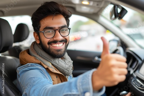 A stylish man with glasses confidently drives his car, flashing a charming smile and giving a thumbs up to the world through his rearview mirror © LifeMedia