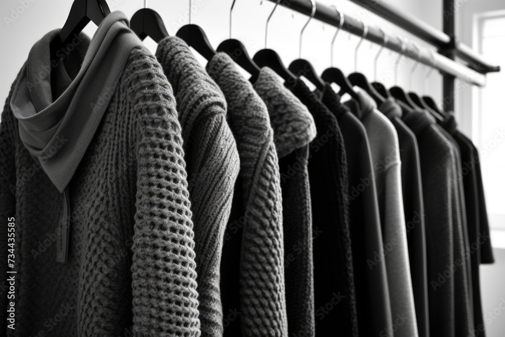 Obraz premium Knit jackets hanging on the rack in a clothing store
