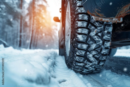 Braving the frozen terrain, a lone tire stands strong, its synthetic rubber tread ready to conquer the icy roads ahead with the help of its trusty winter chain © LifeMedia