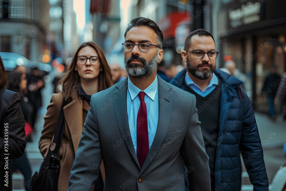 group of business people crossing the street, in the style of life in new york city. generative AI