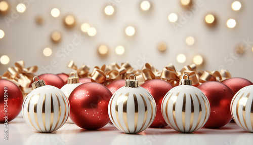 Christmas ornament decoration in a row, glowing with vibrant colors generated by AI