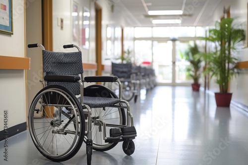 A lone wheelchair sits in a hallway, its wheels motionless against the smooth floor, surrounded by the comforts of a houseplant and furniture, framed by a wall and window, with the ceiling looming ab