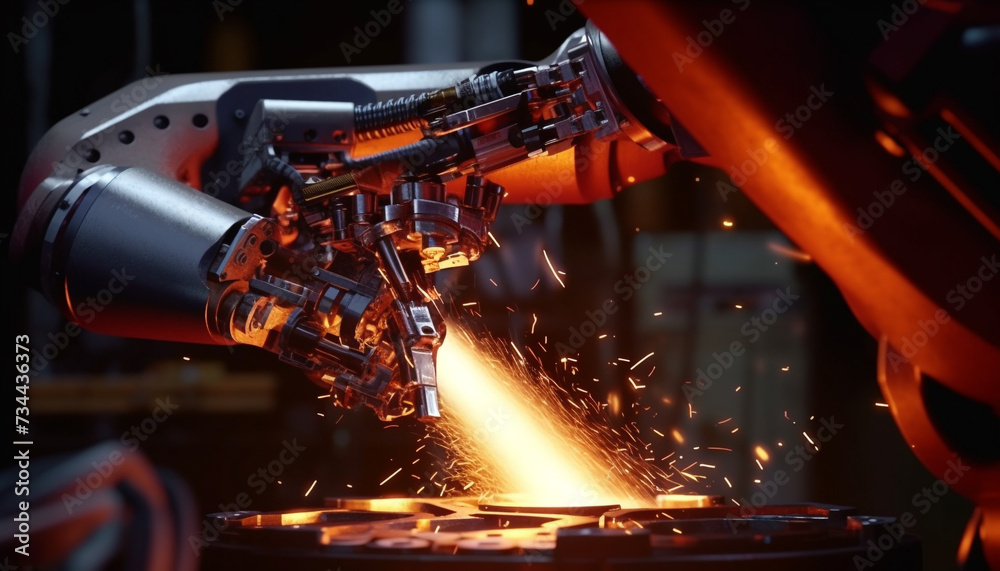 Metal workers in a steel factory use machinery to melt metal generated by AI Metal workers in a steel factory use machinery to melt metal generated by AI