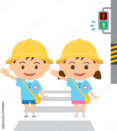 横断歩道を渡る男の子と女の子のイメージイラスト