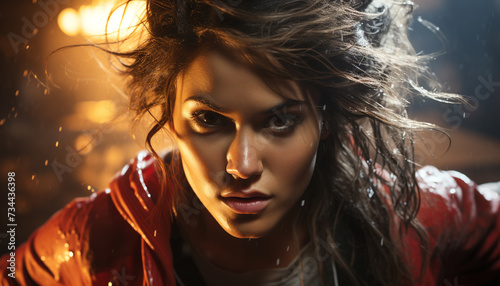 A beautiful young woman with long brown hair smiling outdoors generated by AI
